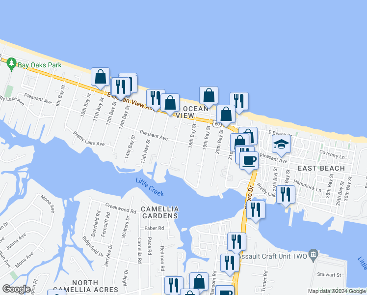 map of restaurants, bars, coffee shops, grocery stores, and more near 9551 18th Bay Street in Norfolk