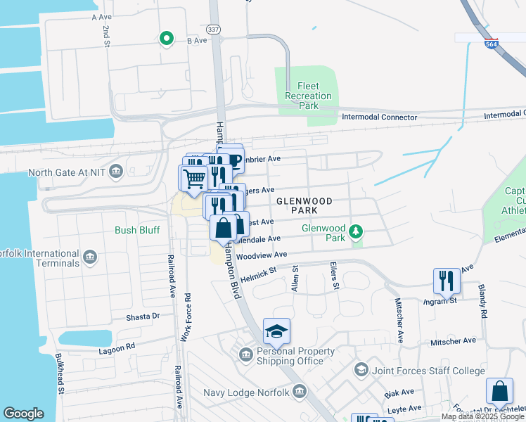 map of restaurants, bars, coffee shops, grocery stores, and more near 131 Forrest Avenue in Norfolk