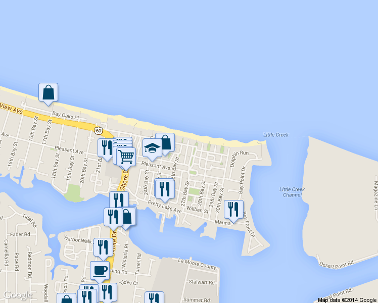 map of restaurants, bars, coffee shops, grocery stores, and more near 9663 27th Bay Street in Norfolk