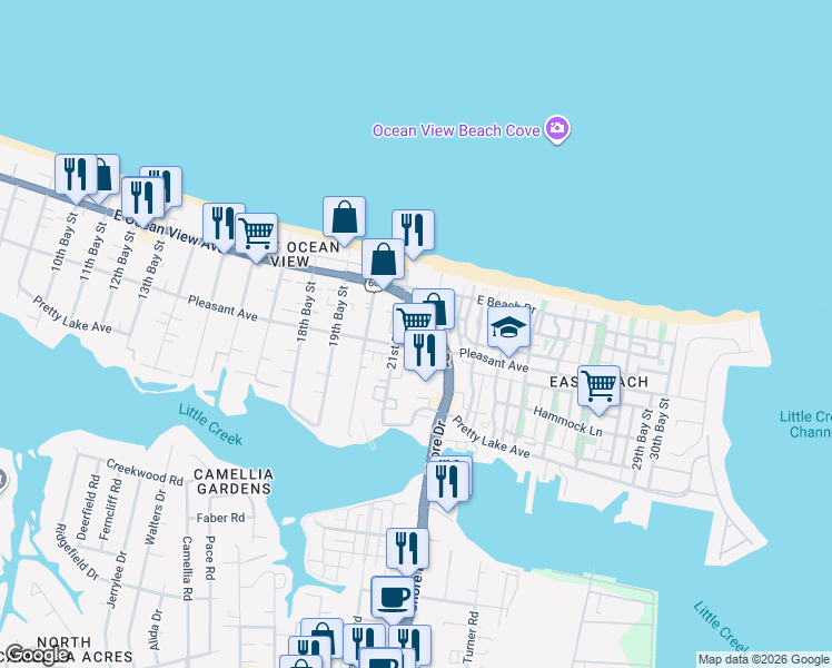 map of restaurants, bars, coffee shops, grocery stores, and more near 9581 Shore Drive in Norfolk