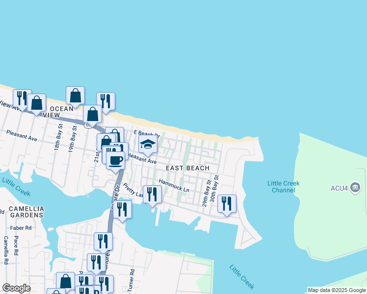 map of restaurants, bars, coffee shops, grocery stores, and more near 9663 27th Bay Street in Norfolk