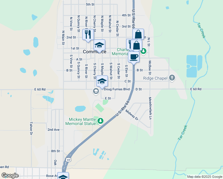 map of restaurants, bars, coffee shops, grocery stores, and more near 610 D Street in Commerce