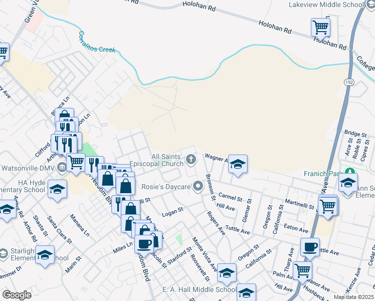 map of restaurants, bars, coffee shops, grocery stores, and more near 242 Brookhaven Lane in Watsonville