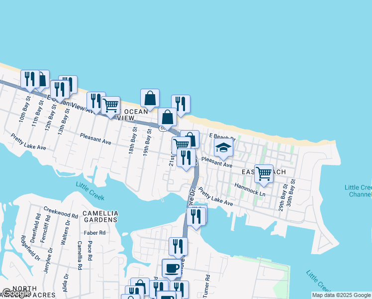 map of restaurants, bars, coffee shops, grocery stores, and more near 9581 Shore Drive in Norfolk