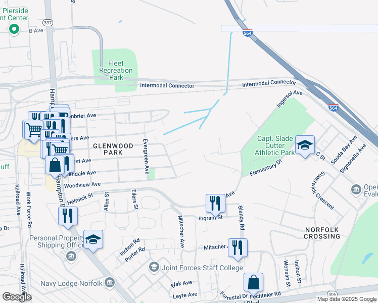map of restaurants, bars, coffee shops, grocery stores, and more near 526 Glendale Avenue in Norfolk