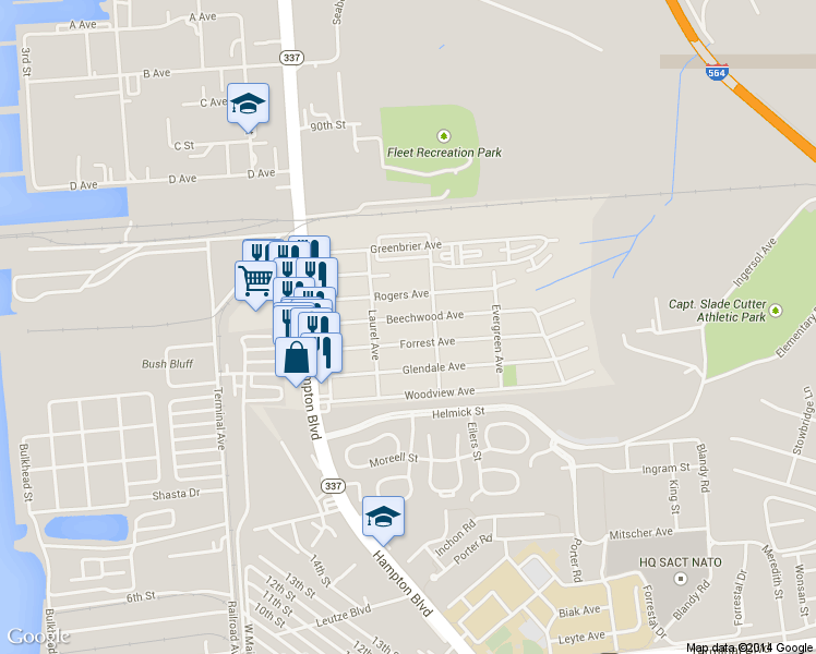 map of restaurants, bars, coffee shops, grocery stores, and more near 221 Forrest Avenue in Norfolk