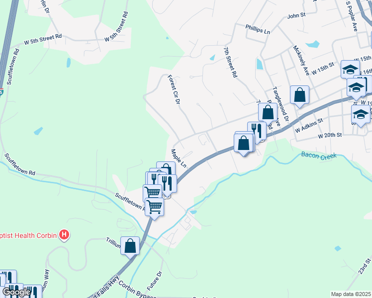 map of restaurants, bars, coffee shops, grocery stores, and more near 15 Hacienda Circle in Corbin
