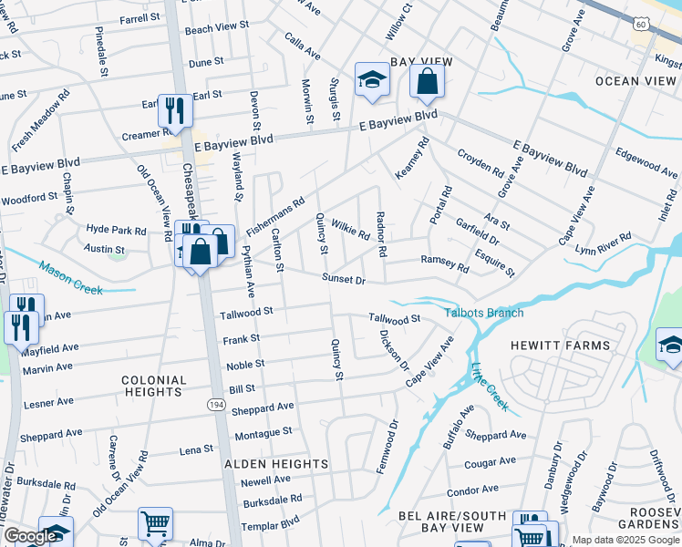 map of restaurants, bars, coffee shops, grocery stores, and more near 1350 Sunset Drive in Norfolk