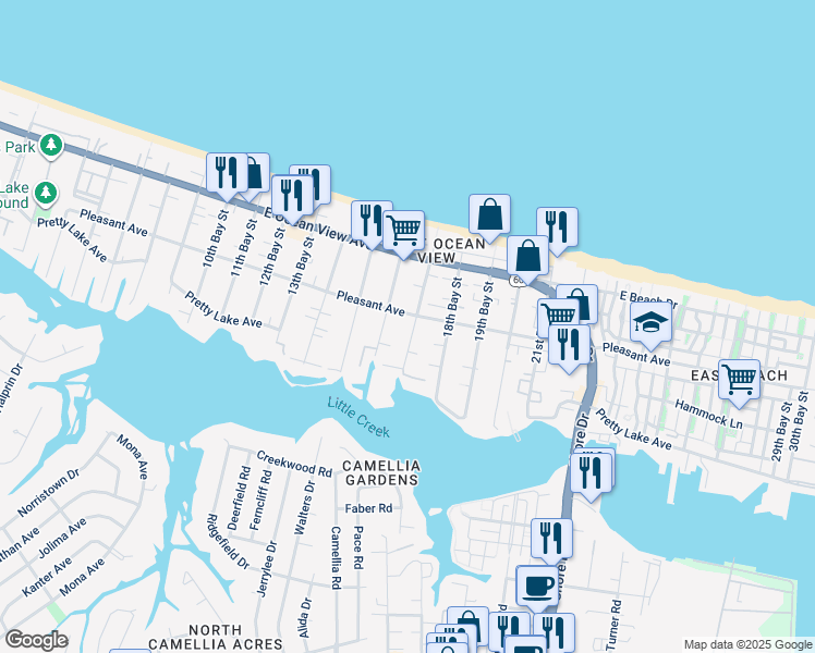 map of restaurants, bars, coffee shops, grocery stores, and more near 9557 17th Bay Street in Norfolk
