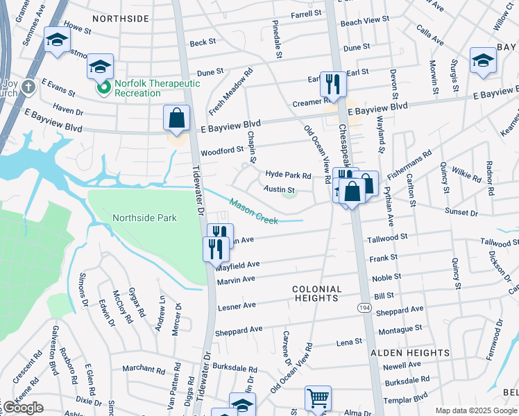 map of restaurants, bars, coffee shops, grocery stores, and more near 511 Fishermans Road in Norfolk