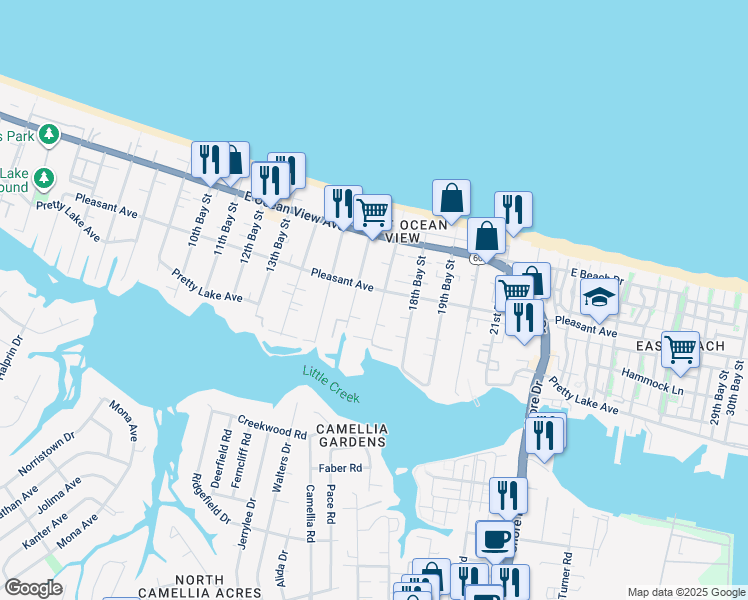 map of restaurants, bars, coffee shops, grocery stores, and more near 9557 17th Bay Street in Norfolk