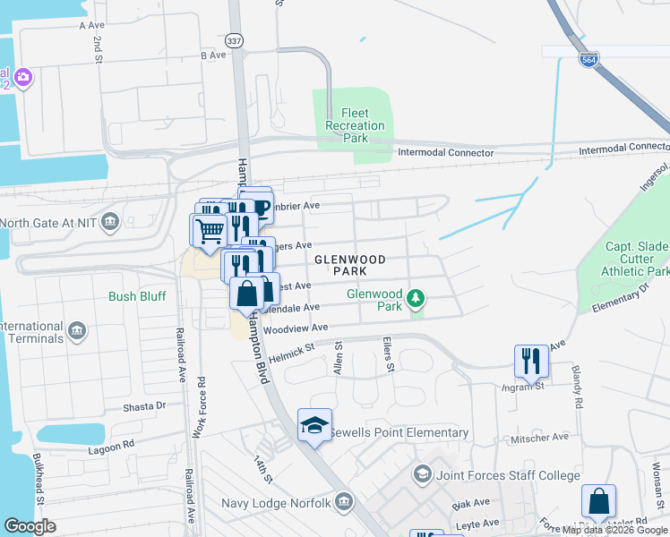 map of restaurants, bars, coffee shops, grocery stores, and more near 221 Forrest Avenue in Norfolk