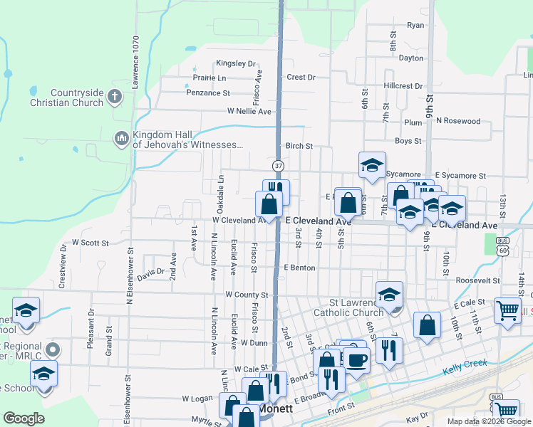map of restaurants, bars, coffee shops, grocery stores, and more near 915 Frisco Ave in Monett