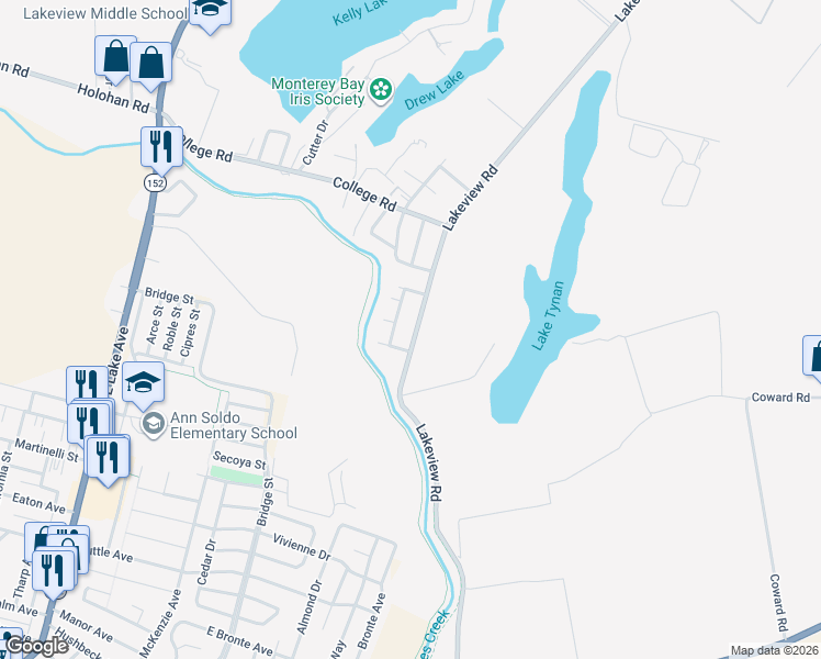 map of restaurants, bars, coffee shops, grocery stores, and more near 125 Crestwood Drive in Watsonville
