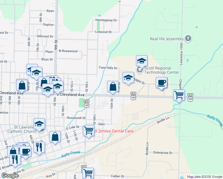 map of restaurants, bars, coffee shops, grocery stores, and more near 1526-1586 East Cleveland Street in Monett