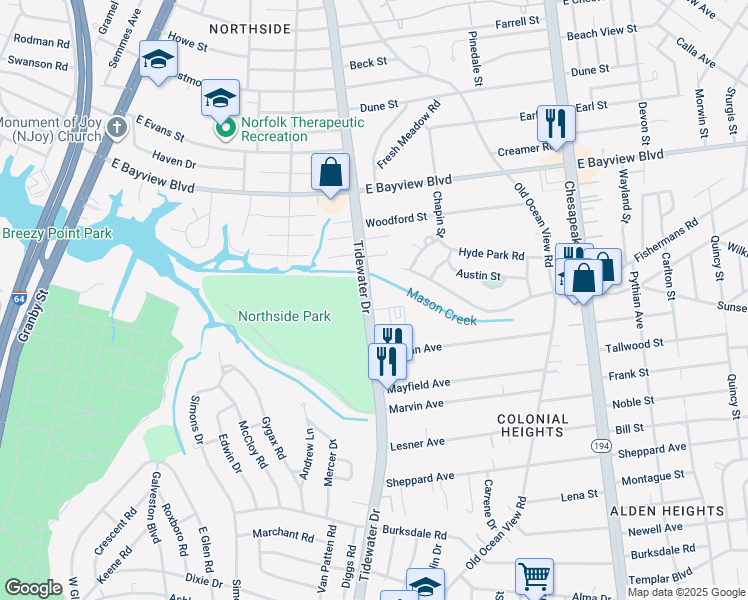 map of restaurants, bars, coffee shops, grocery stores, and more near 8500 Tidewater Drive in Norfolk