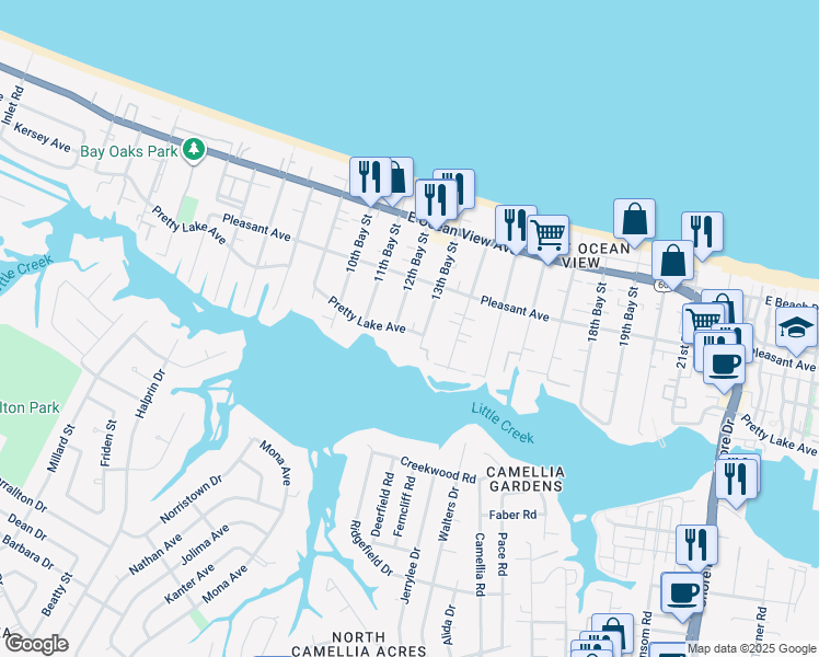 map of restaurants, bars, coffee shops, grocery stores, and more near 3205 Pretty Lake Avenue in Norfolk