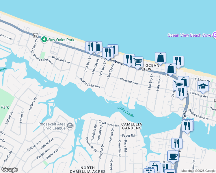 map of restaurants, bars, coffee shops, grocery stores, and more near 9518 13th Bay Street in Norfolk