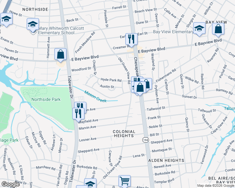 map of restaurants, bars, coffee shops, grocery stores, and more near 844 Norman Avenue in Norfolk
