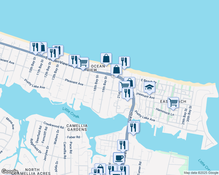 map of restaurants, bars, coffee shops, grocery stores, and more near 9607 20th Bay Street in Norfolk