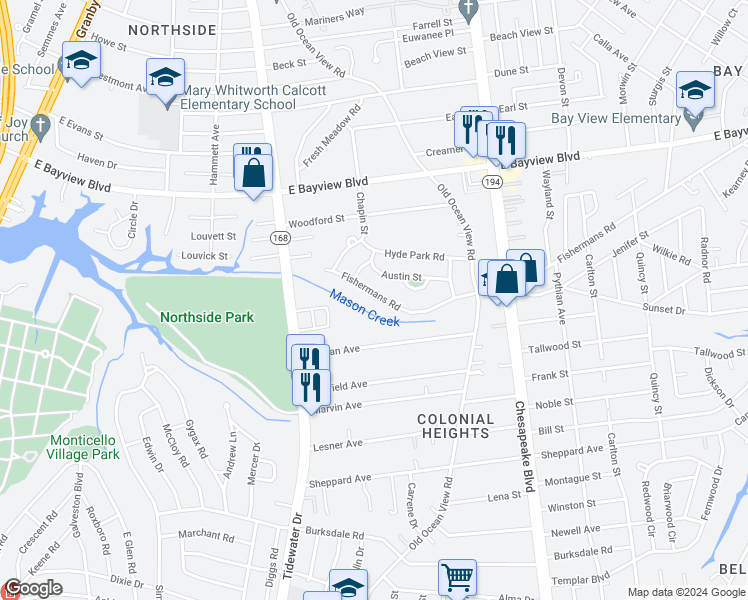 map of restaurants, bars, coffee shops, grocery stores, and more near 511 Fishermans Road in Norfolk