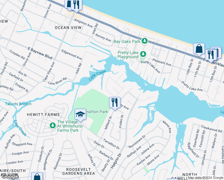 map of restaurants, bars, coffee shops, grocery stores, and more near 2149 Ester Court in Norfolk