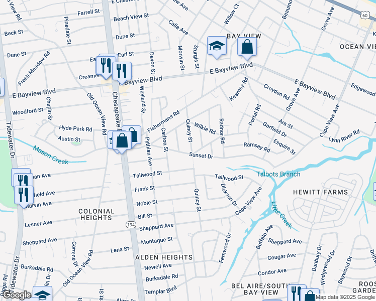 map of restaurants, bars, coffee shops, grocery stores, and more near 8441 Quincy Street in Norfolk