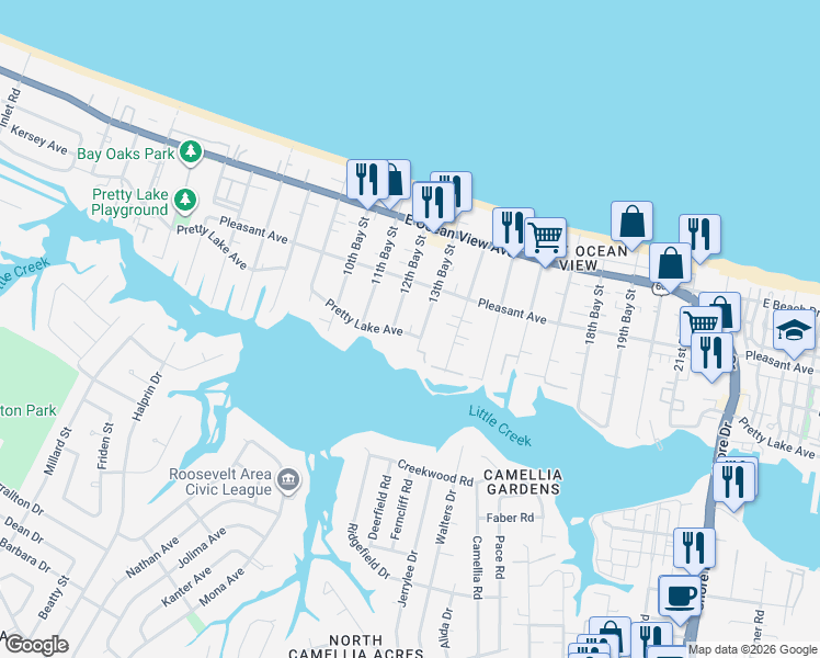 map of restaurants, bars, coffee shops, grocery stores, and more near 9549 12th Bay Street in Norfolk