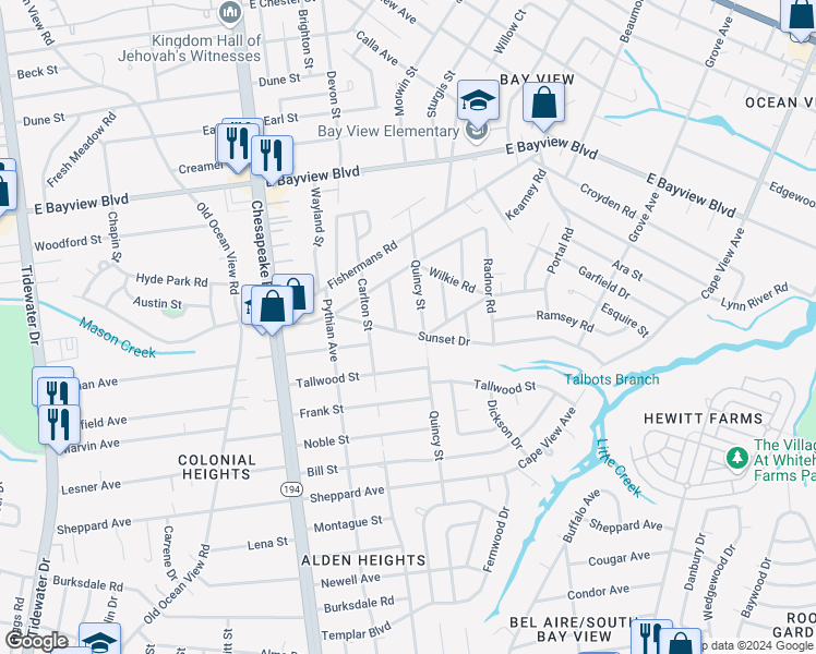 map of restaurants, bars, coffee shops, grocery stores, and more near 1322 Sunset Drive in Norfolk