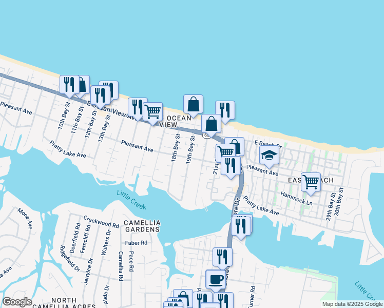 map of restaurants, bars, coffee shops, grocery stores, and more near 9621 19th Bay Street in Norfolk