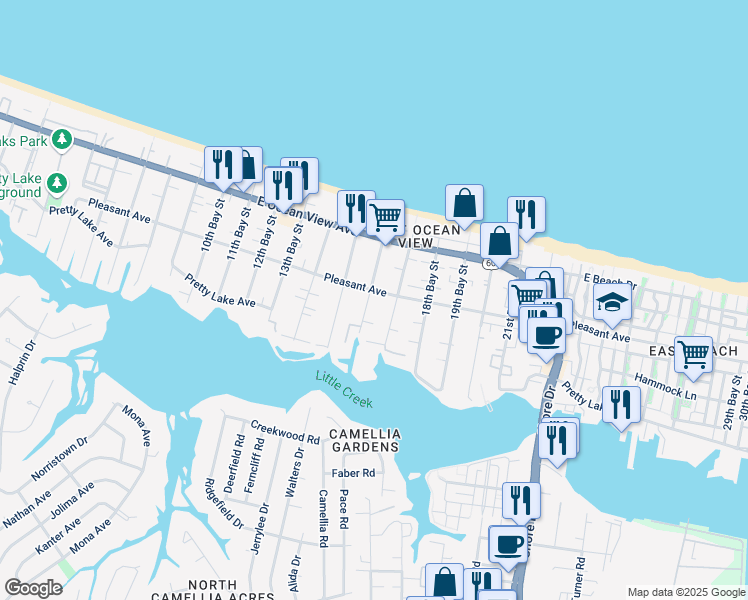 map of restaurants, bars, coffee shops, grocery stores, and more near 9610 16th Bay Street in Norfolk