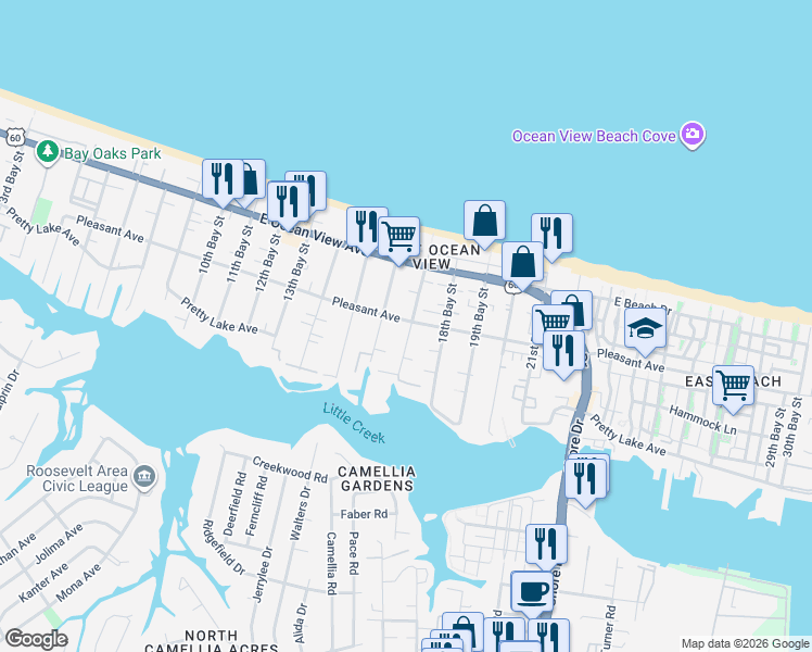 map of restaurants, bars, coffee shops, grocery stores, and more near 9610 16th Bay Street in Norfolk