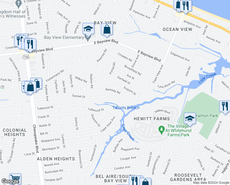 map of restaurants, bars, coffee shops, grocery stores, and more near 1615 Ramsey Road in Norfolk