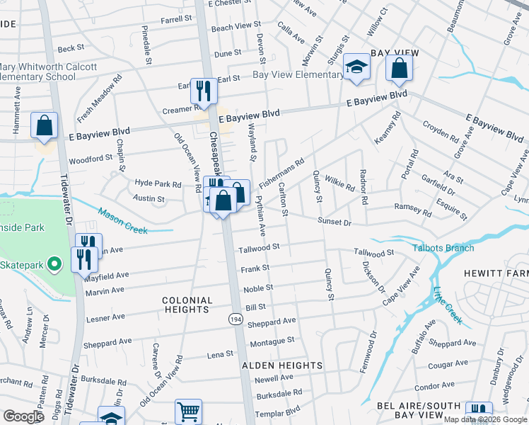 map of restaurants, bars, coffee shops, grocery stores, and more near 1025 Fishermans Road in Norfolk