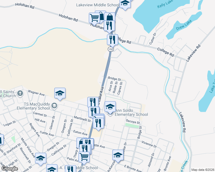 map of restaurants, bars, coffee shops, grocery stores, and more near 729 Vista Montana Drive in Watsonville