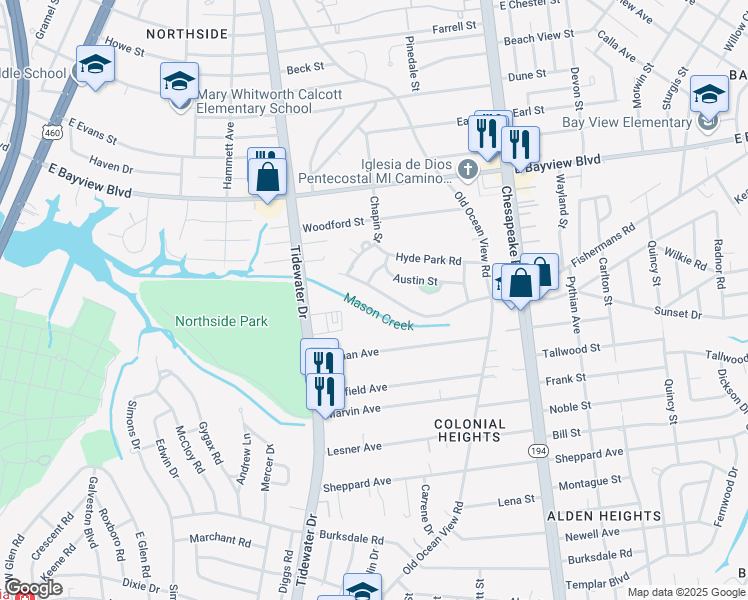 map of restaurants, bars, coffee shops, grocery stores, and more near 505 Fishermans Road in Norfolk