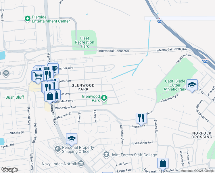 map of restaurants, bars, coffee shops, grocery stores, and more near 8411 Boush Creek Avenue in Norfolk