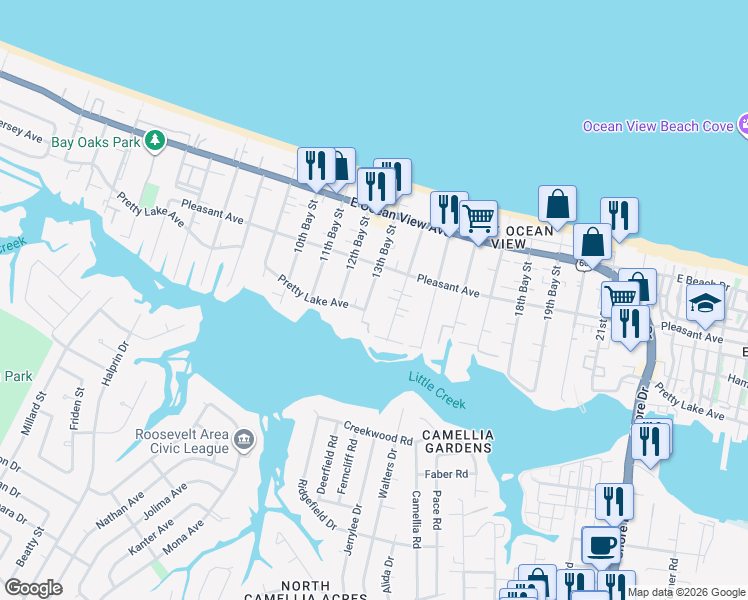 map of restaurants, bars, coffee shops, grocery stores, and more near 9562 13th Bay Street in Norfolk
