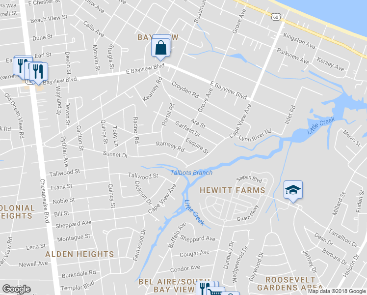 map of restaurants, bars, coffee shops, grocery stores, and more near 1800 Ramsey Road in Norfolk