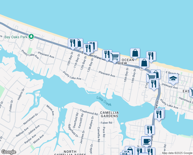 map of restaurants, bars, coffee shops, grocery stores, and more near 9574 14th Bay Street in Norfolk