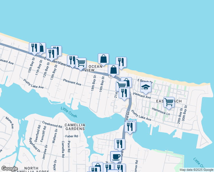 map of restaurants, bars, coffee shops, grocery stores, and more near 9611 20th Bay Street in Norfolk