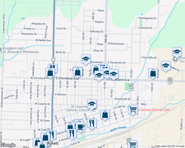 map of restaurants, bars, coffee shops, grocery stores, and more near 912 7th Street in Monett