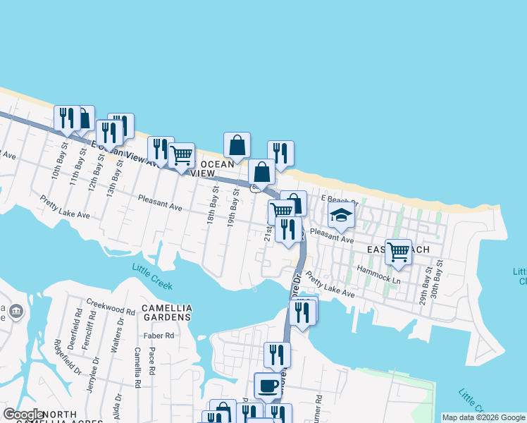 map of restaurants, bars, coffee shops, grocery stores, and more near 9626 20th Bay Street in Norfolk