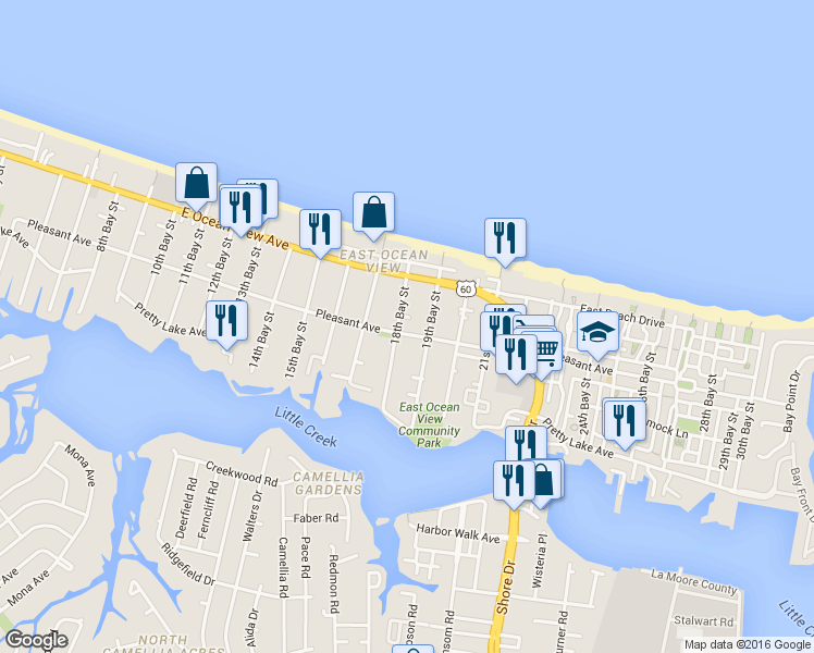 map of restaurants, bars, coffee shops, grocery stores, and more near 9617 18th Bay Street in Norfolk