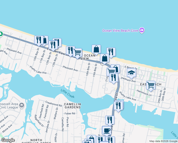 map of restaurants, bars, coffee shops, grocery stores, and more near 9617 18th Bay Street in Norfolk