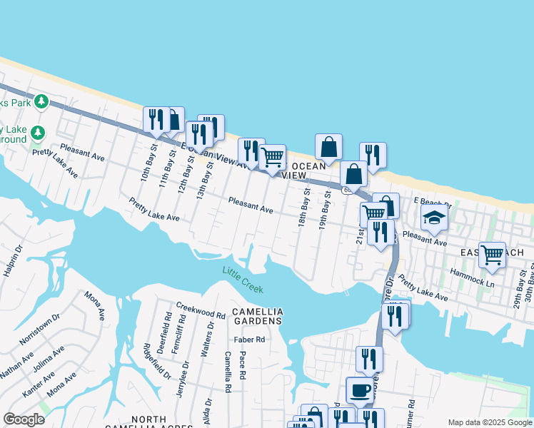 map of restaurants, bars, coffee shops, grocery stores, and more near 9610 16th Bay Street in Norfolk