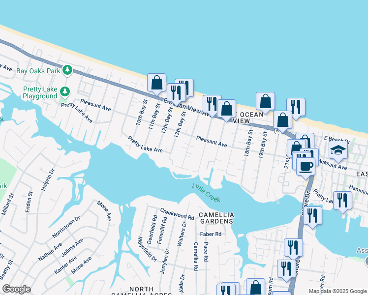 map of restaurants, bars, coffee shops, grocery stores, and more near 9574 14th Bay Street in Norfolk