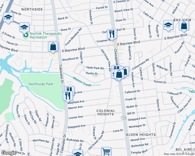 map of restaurants, bars, coffee shops, grocery stores, and more near 518 Austin Street in Norfolk