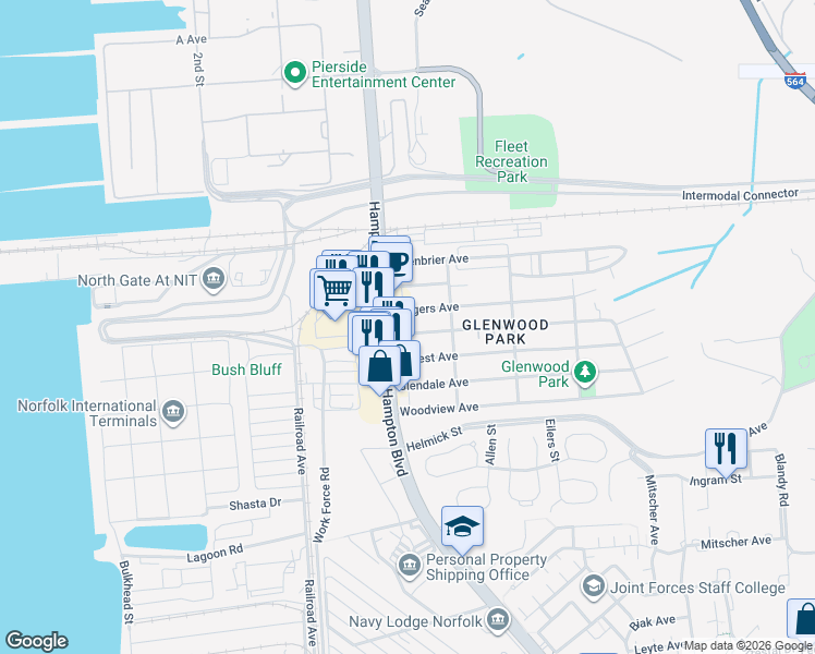 map of restaurants, bars, coffee shops, grocery stores, and more near 8510 Hampton Boulevard in Norfolk