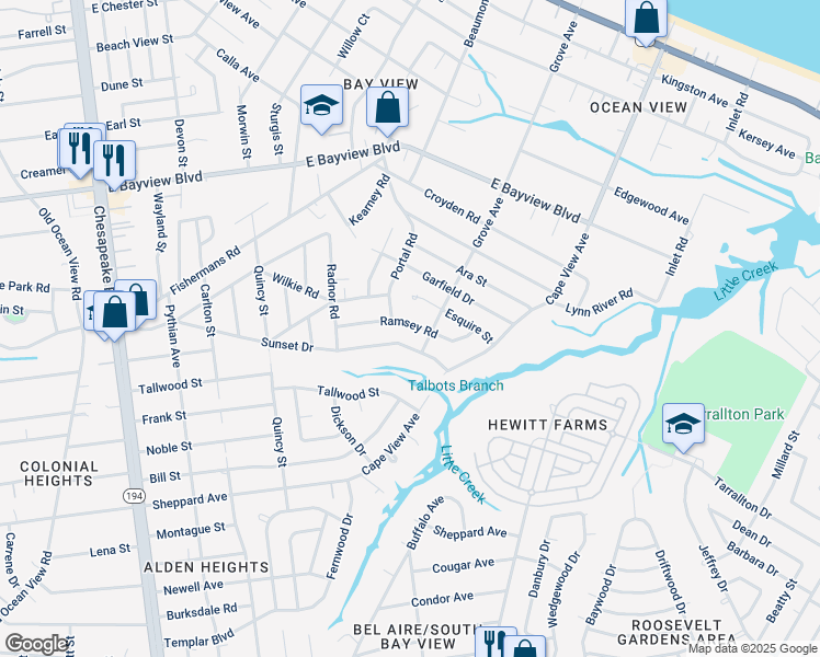 map of restaurants, bars, coffee shops, grocery stores, and more near 1611 Ramsey Road in Norfolk